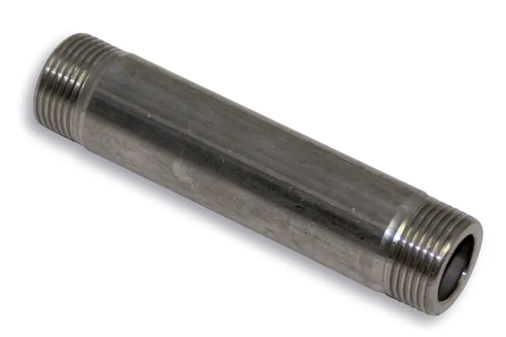 Roth Adapterrohr aus Metall, länglicher zylindrischer Körper mit innenliegenden Gewinden an beiden Enden, geeignet für den Anschluss an verschiedene Systeme.